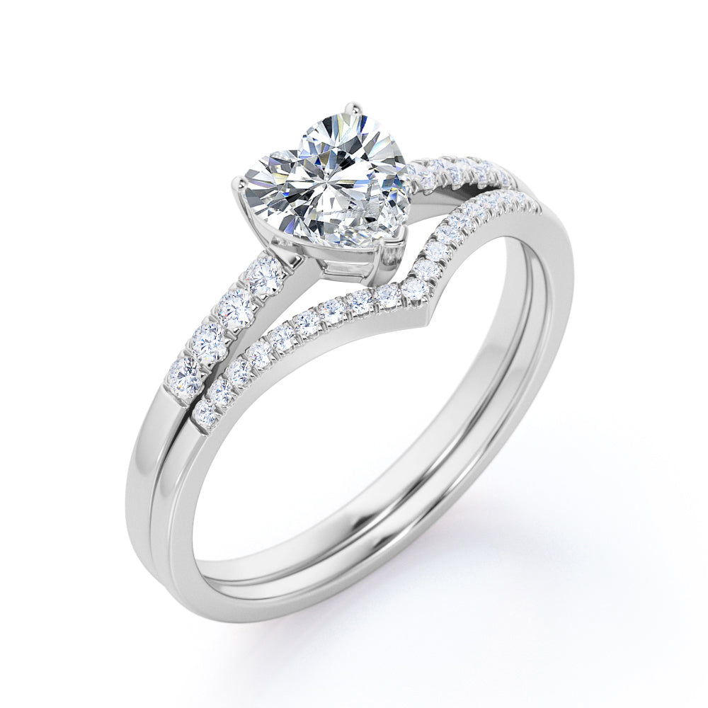 Romantic Chevron 1.3 carat Heart shaped Moissanite and diamond wedding ring set for women in Rose gold