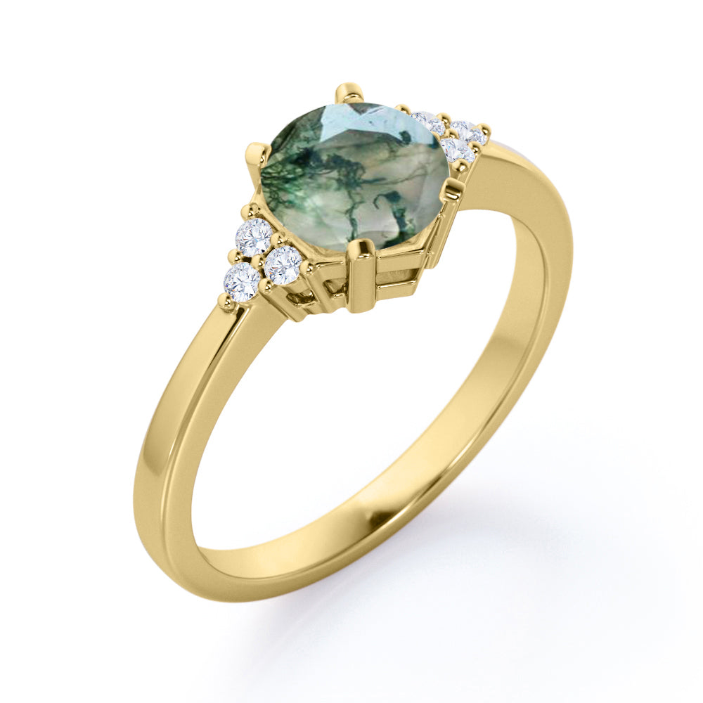 Tapered 7 stones 1.1 carat Round cut Moss Green Agate and diamond engagement ring in White gold