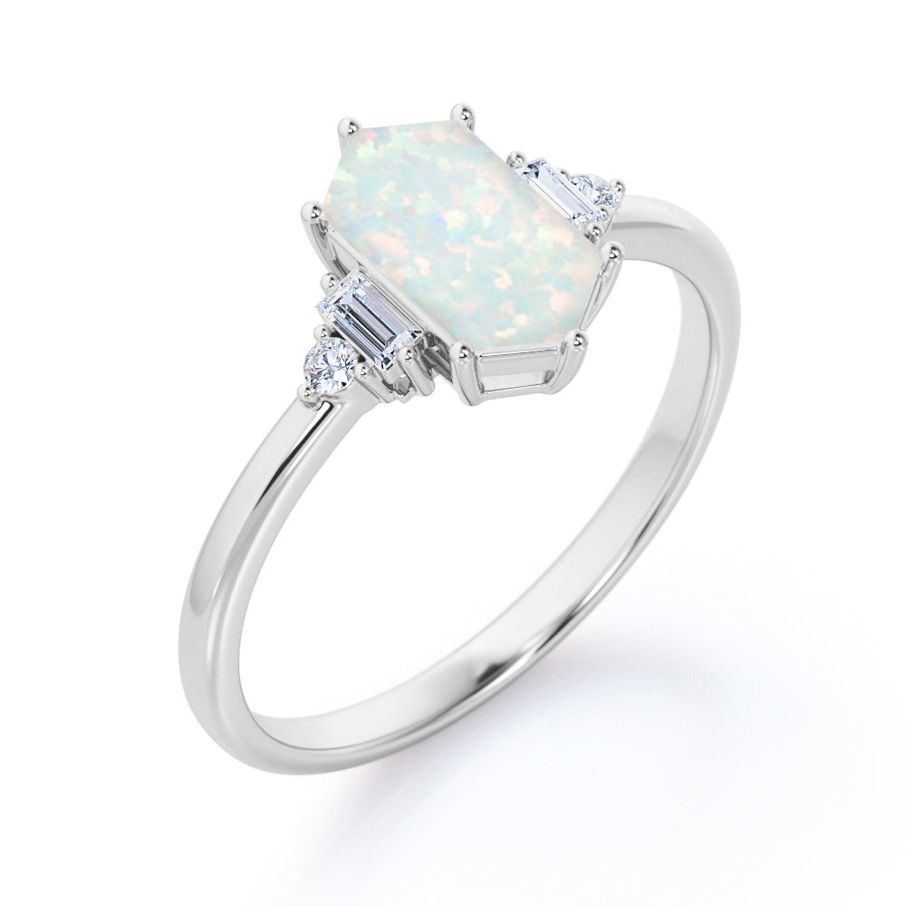 Tapered shank style 1.15 carat Hexagon cut Opal and diamond geometric vintage engagement ring in White gold