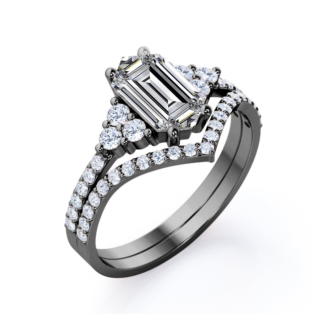 Artistic Contoured 1.5 carat Hexagon shaped Moissanite and diamond 7stone engagement ring in Black gold
