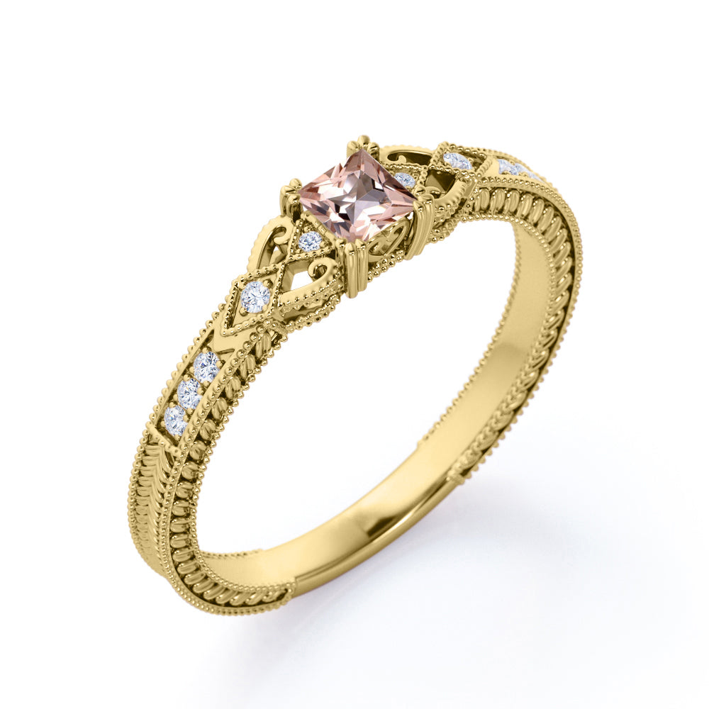 Exquisite leaf filigree and Milgrain 0.75 carat Princess cut intricate engagement rings in rose gold