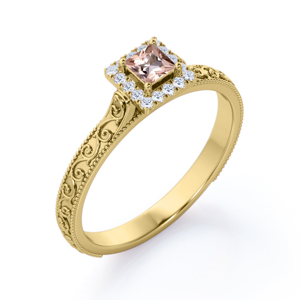 Pave Halo 0.75 carat Princess cut Peach Morganite and diamond ornamental filigree engagement ring in White gold