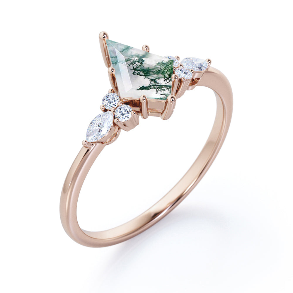 Vintage Seven stone 1.1 carat Kite shaped Moss green Agate and diamond prong style engagement ring in White gold