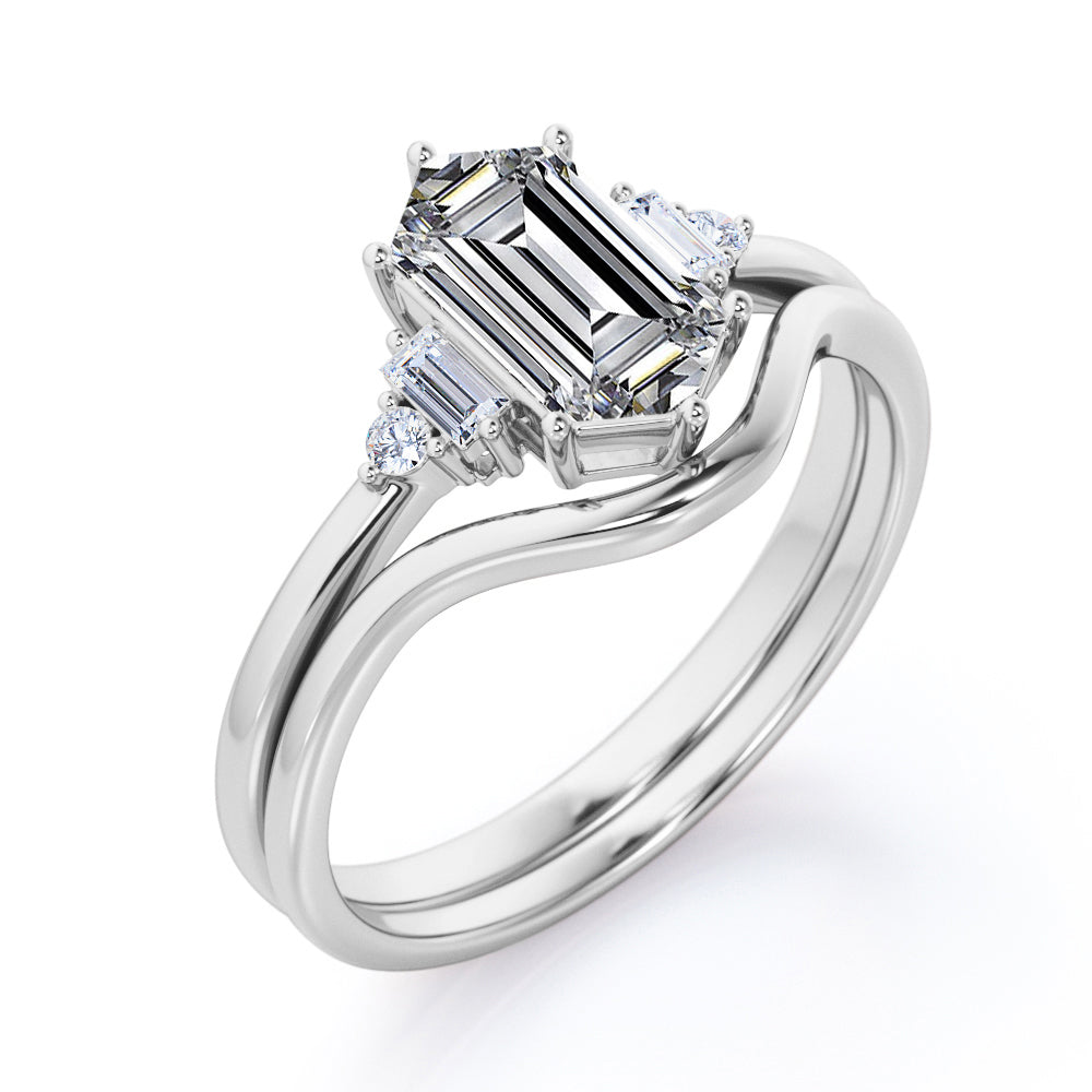 Geometric 1.1 carat Hexagon shaped Moissanite and diamond 6 prong wedding ring set in White gold