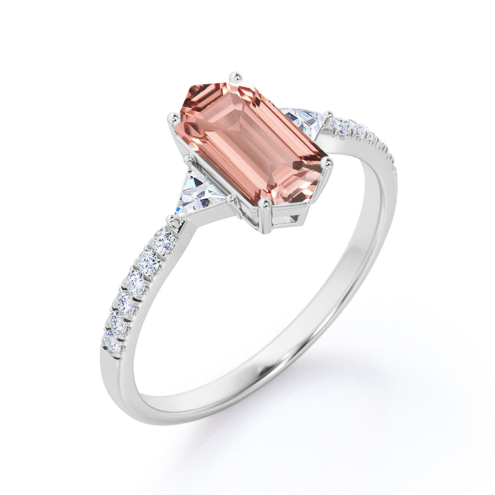 Stylish 1.35 carat Hexagonal Morganite and diamond trilogy engagement ring in Rose gold