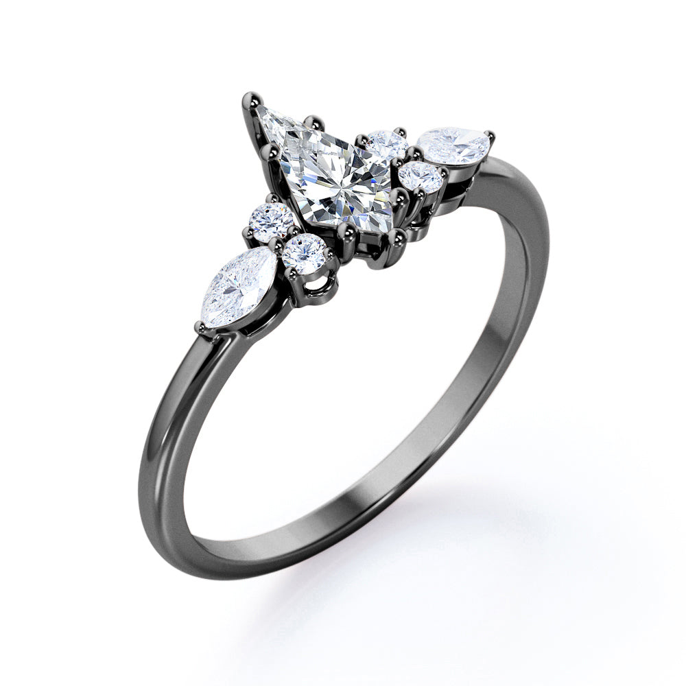 Classic seven stone 1.15 carat Kite shaped Moissanite and diamonds 6 prong setting engagement ring in White gold