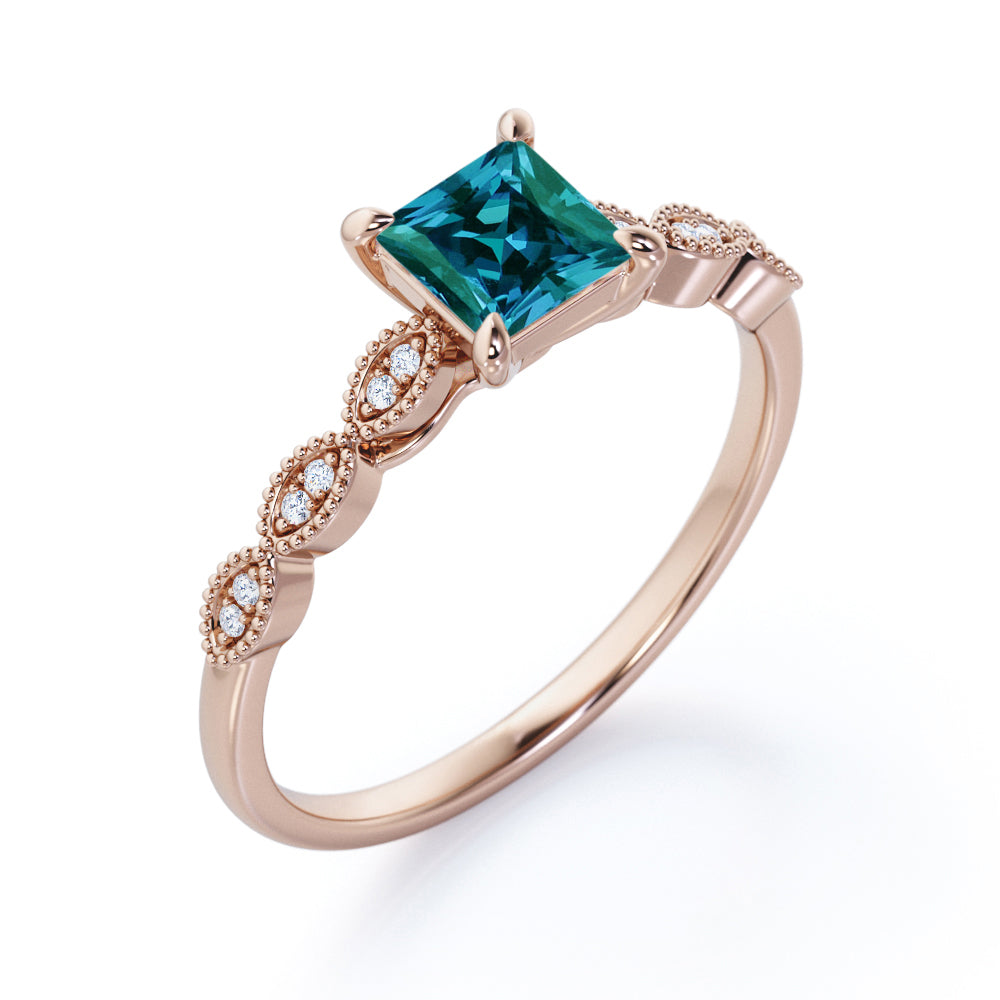 Minimal 1.1 carat Princess cut Lab made Alexandrite and diamond engagement ring for women in White gold