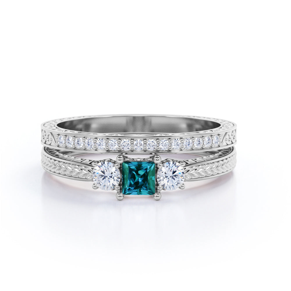 Three stone 1.25 carat Princess cut artificial Alexandrite and diamond Engraved Milgrain Wedding ring set for her