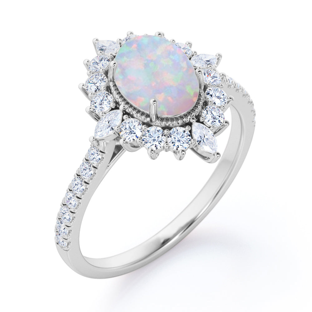 Milgrain Cluster 1.30 carat Oval cut Welo Opal and diamond snowflake engagement ring in rose gold