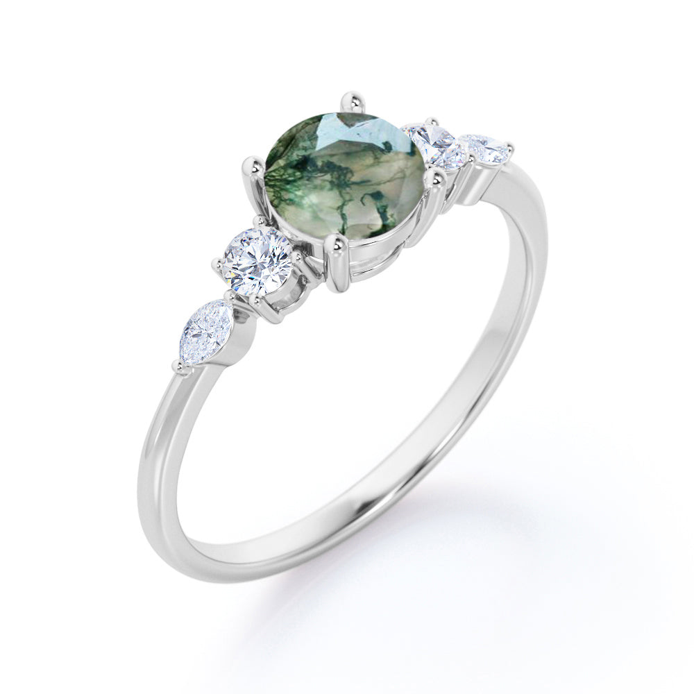 Artistic Prong basket 1.1 carat Round cut Moss Green Agate and diamond 5 stone engagement ring in Rose gold