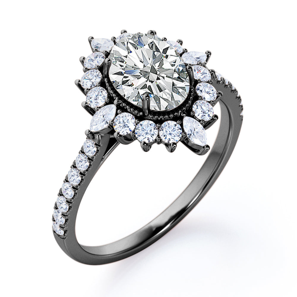 Vintage Cluster 1.3 carat Oval cut Moissanite and diamond halo style engagement ring in white gold