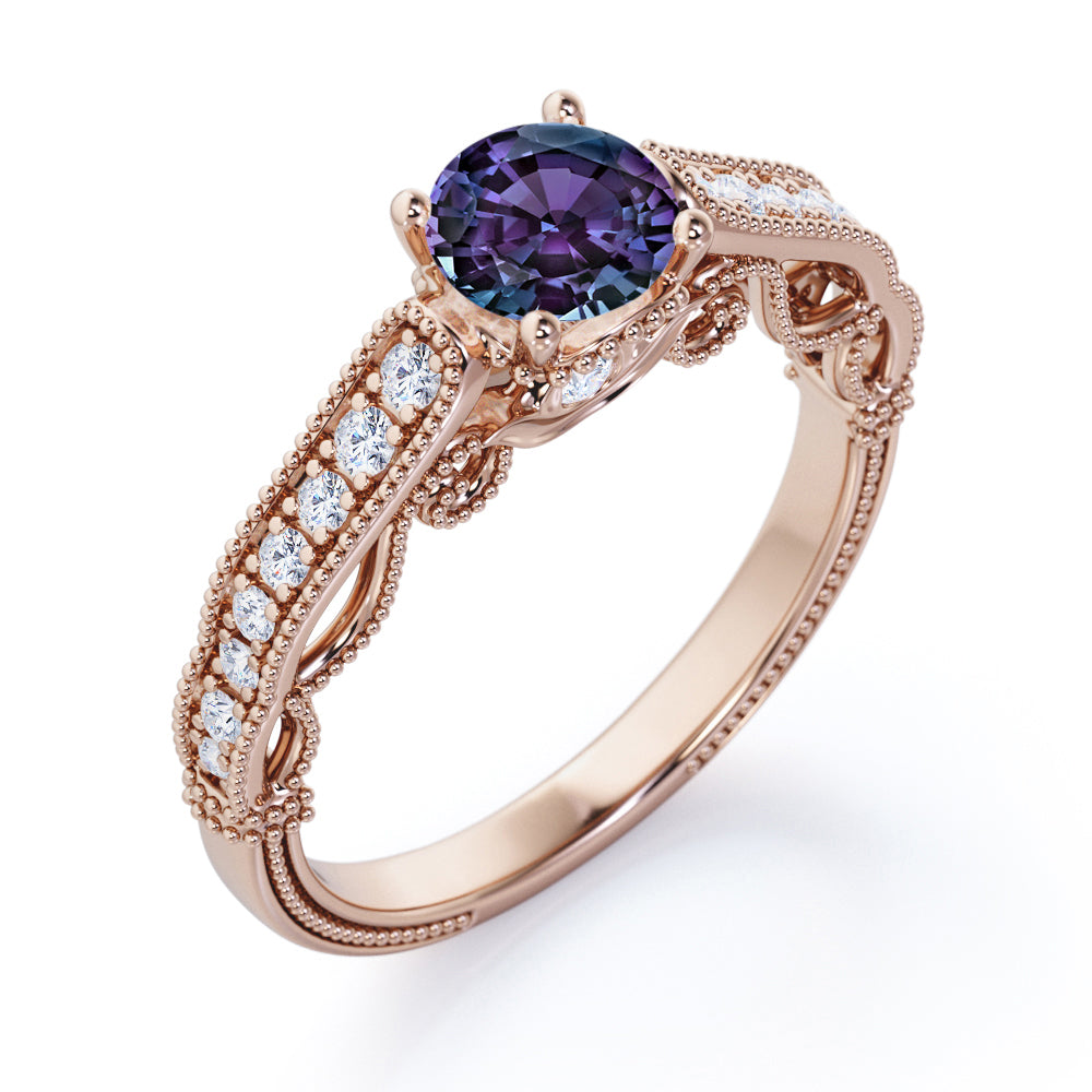 Vintage Freestyle 1.25 carat Round cut Lab created Alexandrite and diamond milgrain engagement ring in White gold
