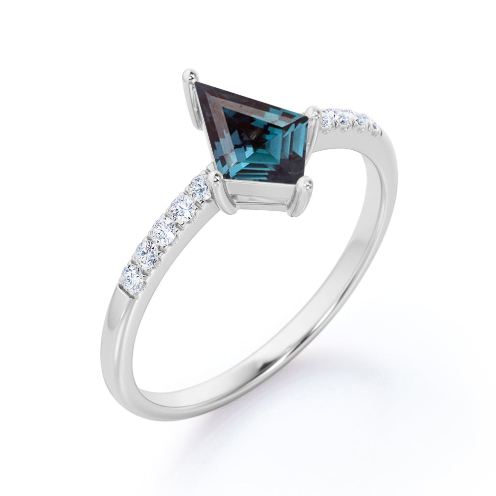 Pave set 1.15 carat Kite shaped Alexandrite and diamond classic vintage engagement ring in Rose gold