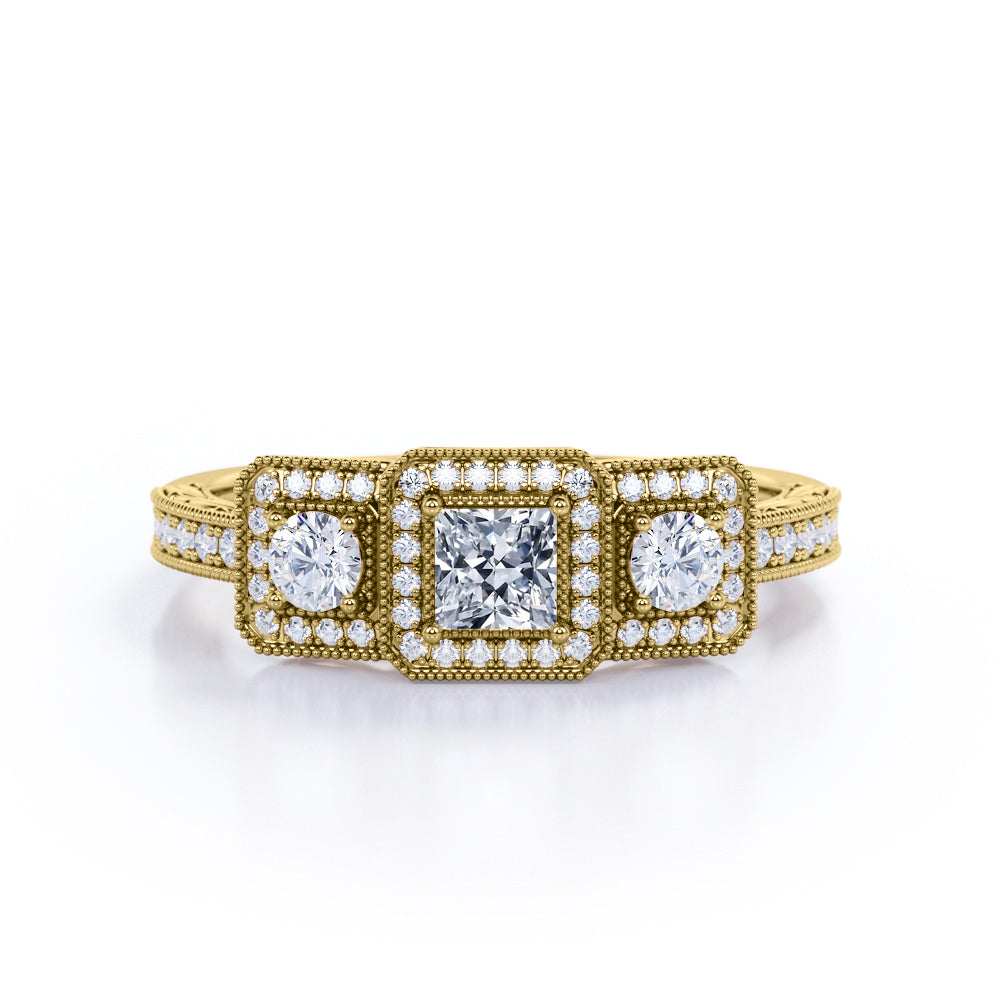 Grandiose three stone 1.55 carat Princess cut Moissanite and diamond vintage art deco Bridal set in White gold