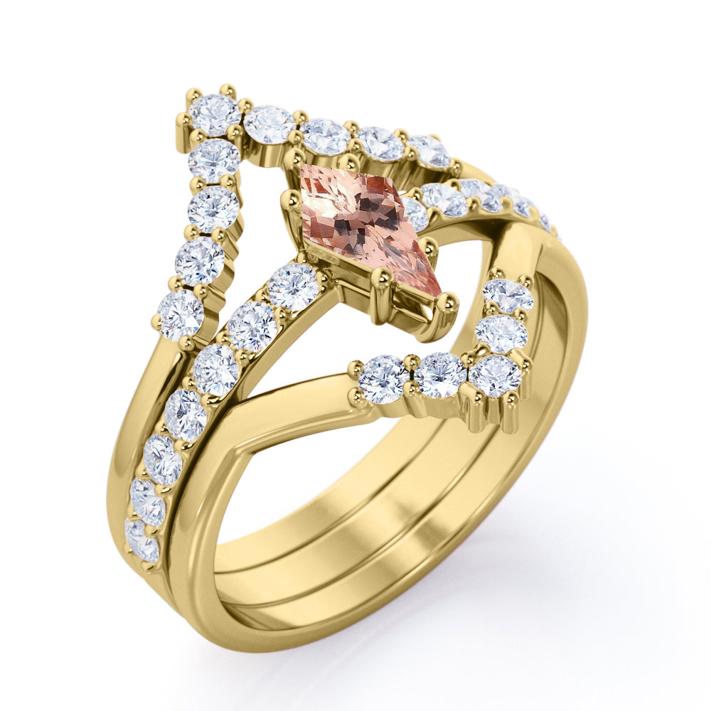 Double Tiara 1.5 carat Kite shaped Morganite and diamond chevron trio wedding ring set for her in White gold