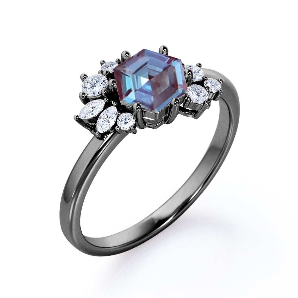 Butterfly style 1.15 carat Hexagon shaped Lab made Alexandrite and diamond marquise and dot engagement ring in Black gold