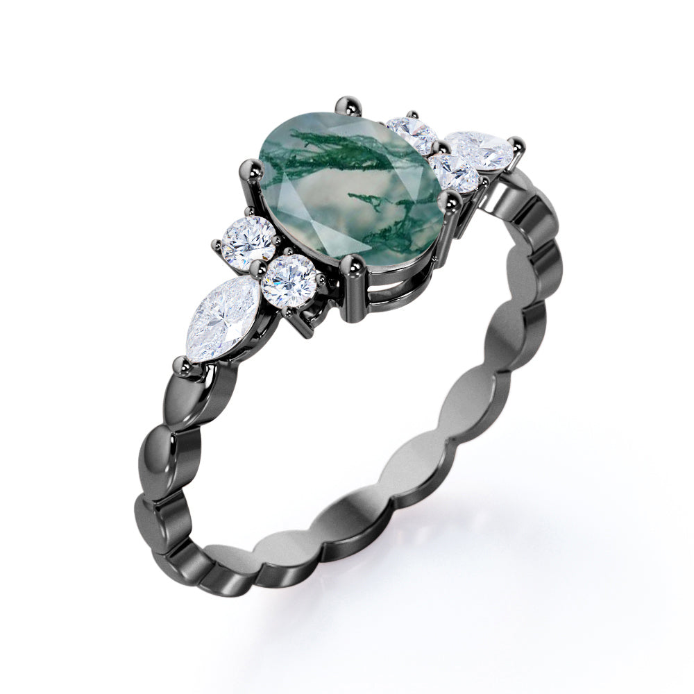 Marquise Twisted Rope design 1.15 carat Oval cut Moss Green Agate and diamond engagement ring in White gold