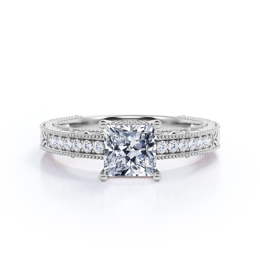 Vintage Milgrain 1.15 carat Princess cut Moissanite and diamond Engraved Filigree Engagement ring in White gold-Anniversary ring
