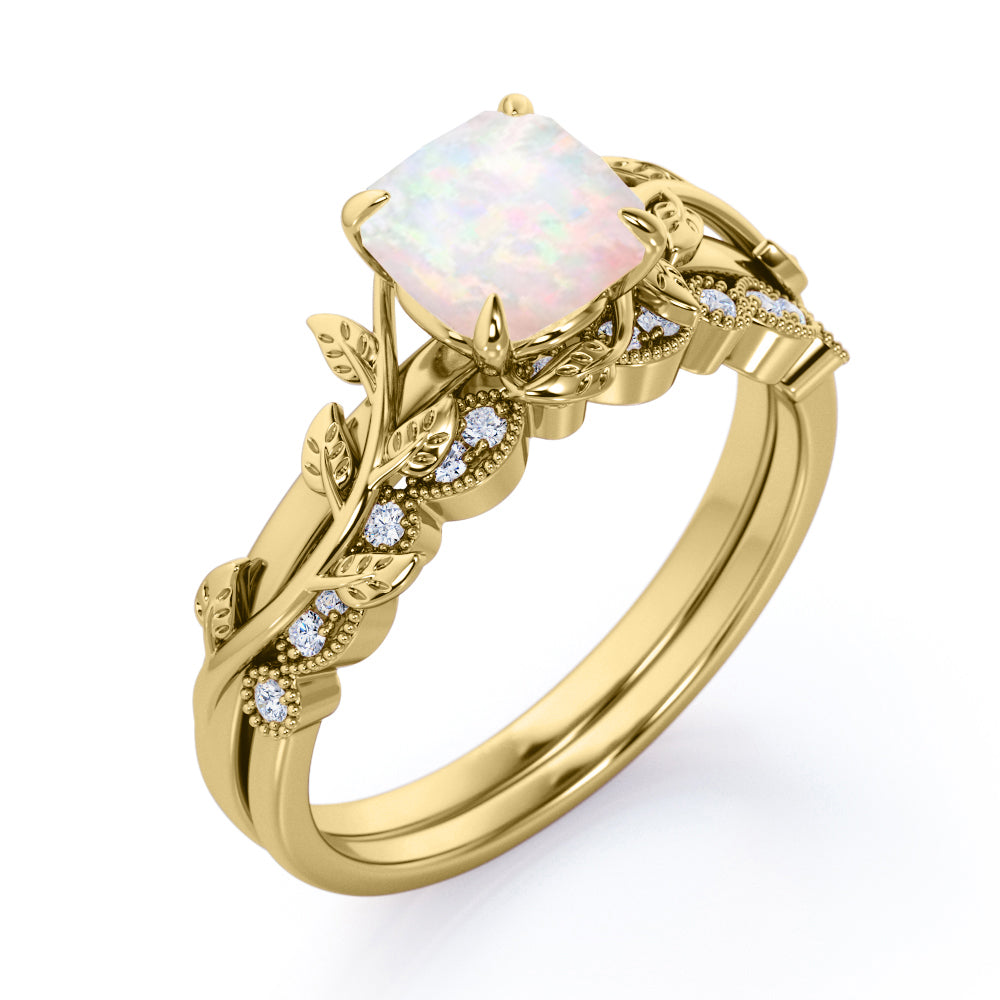 Branch-leaf inspired 1.15 carat Cushion cut Fire Opal and diamond Milgrain Wedding ring set in gold