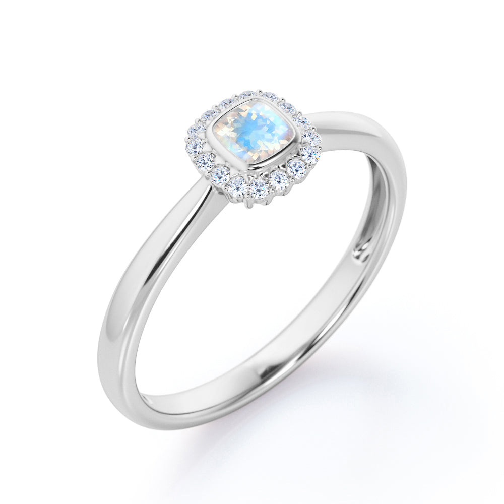 Tapered halo Cushion Cut 0.75 carat Moonstone and diamond engagement ring in Rose gold