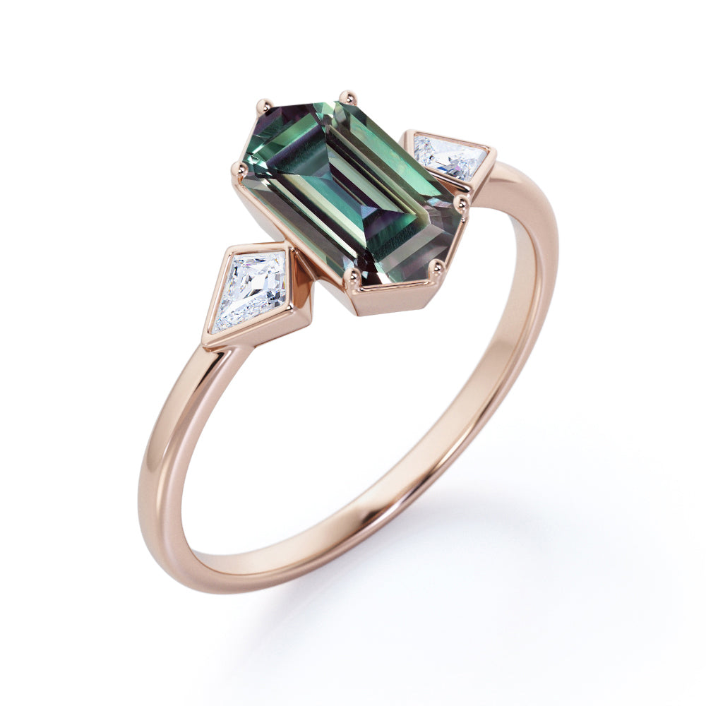 Trinity Bezels 1.1 carat Hexagon shaped Alexandrite and diamond engagement ring in Rose gold