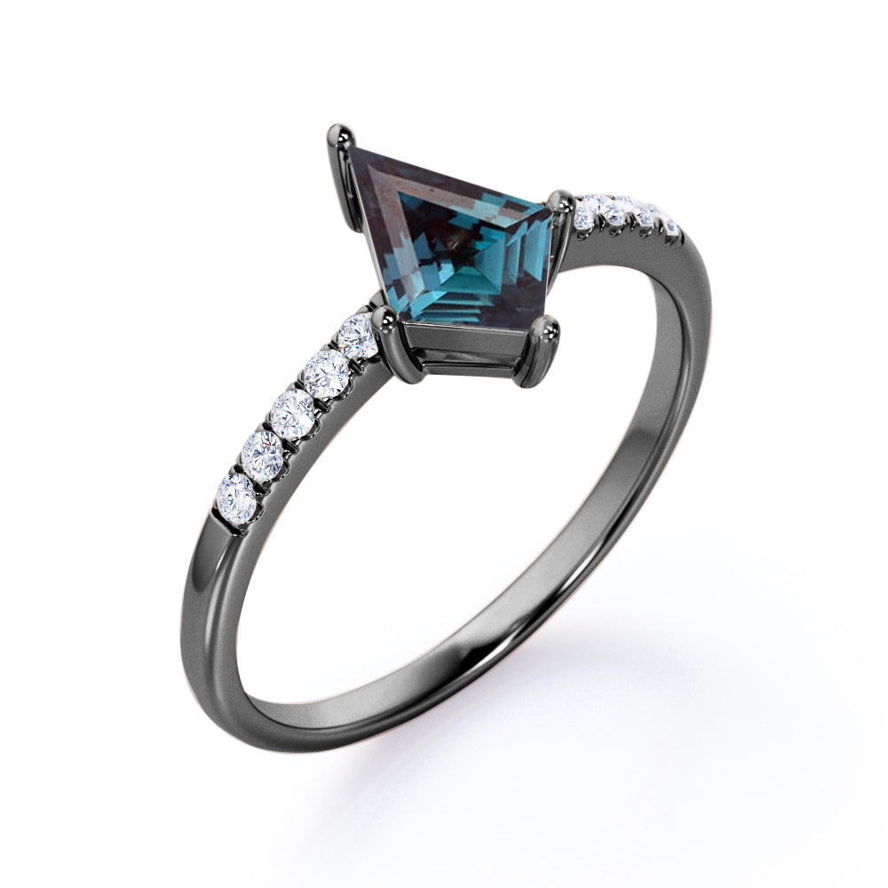 Pave set 1.15 carat Kite shaped Alexandrite and diamond classic vintage engagement ring in Rose gold