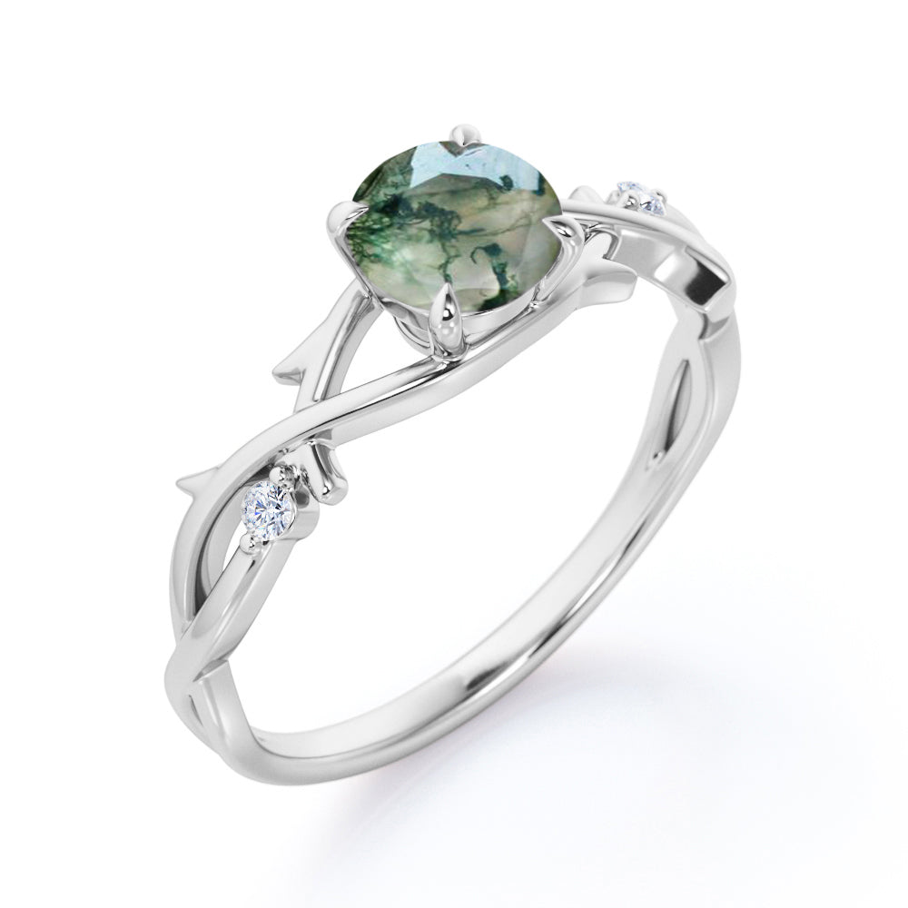 Nature inspired 1 carat Round cut Moss Green Agate and diamond claw prong setting engagement ring in Rose gold