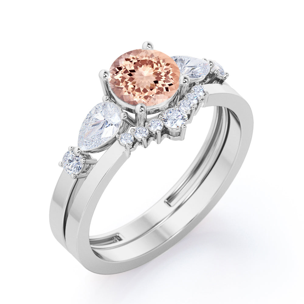 Modern Crown 1.35 carat Round cut Peach pink Morganite and diamond wedding ring set for her in Black gold