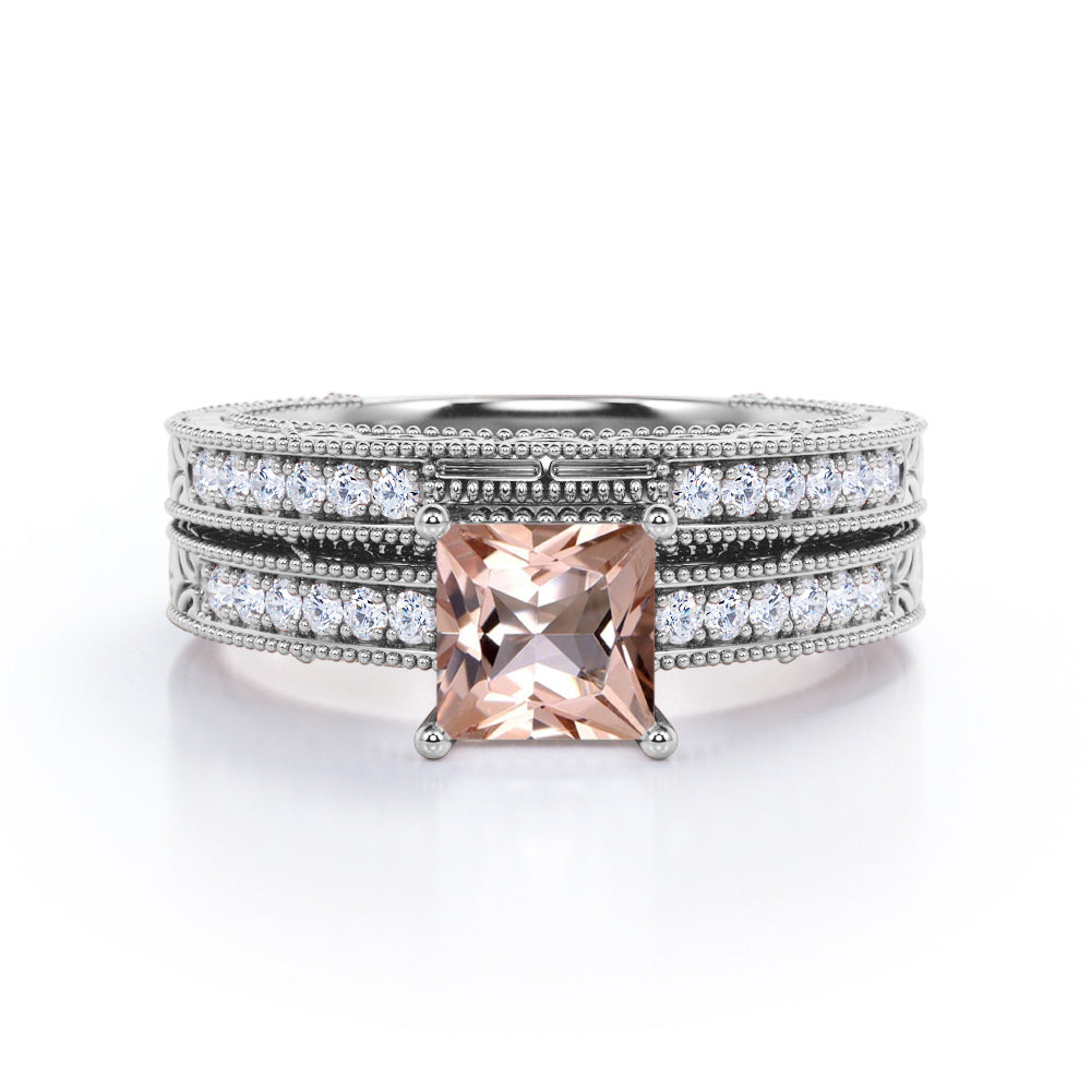 Milgrain Edge 1.25 carat Princess cut Morganite and diamond edwardian art deco engagement rings set-wedding ring set for her