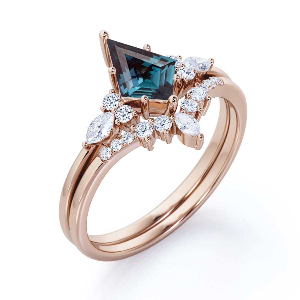 Artdeco 1.25 carat Kite shaped Synthetic Alexandrite and diamond crown tiara inspired wedding ring set in Rose gold