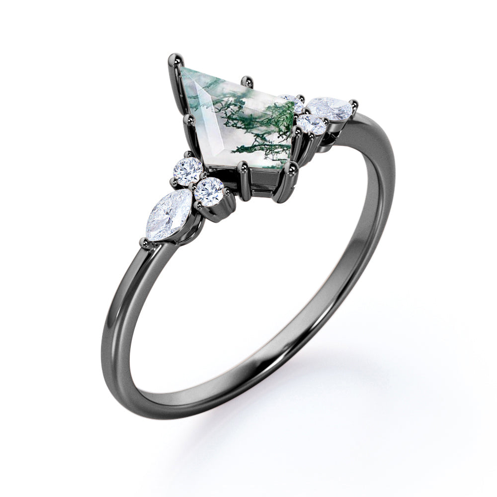 Vintage Seven stone 1.1 carat Kite shaped Moss green Agate and diamond prong style engagement ring in White gold