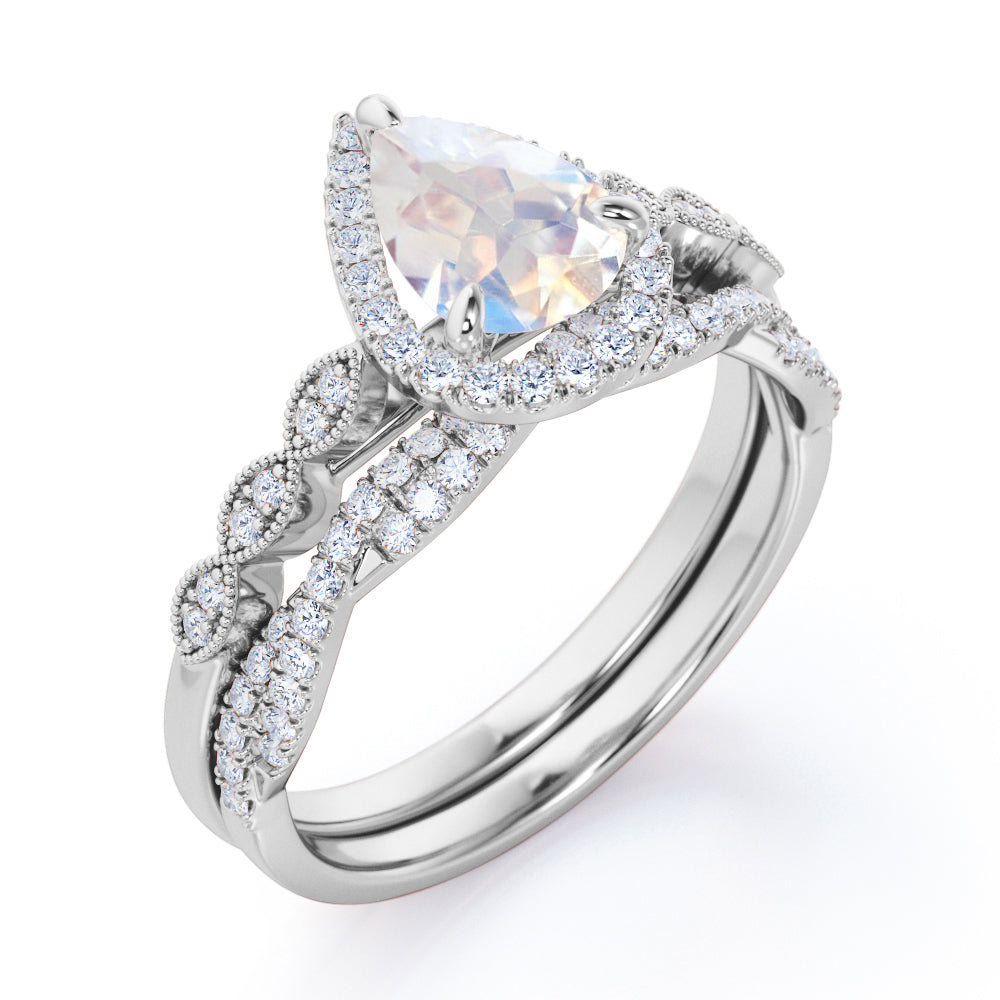 Art deco Antique 1.75 carat Pear shaped Milgrain Moonstone and diamond Wedding ring set- Anniversary ring in White gold