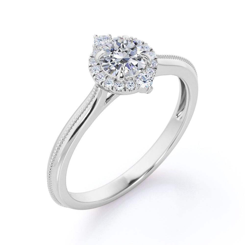Pointed Halo 1.15 carat round cut moissanite and diamond bead-décor vintage engagement ring in White gold