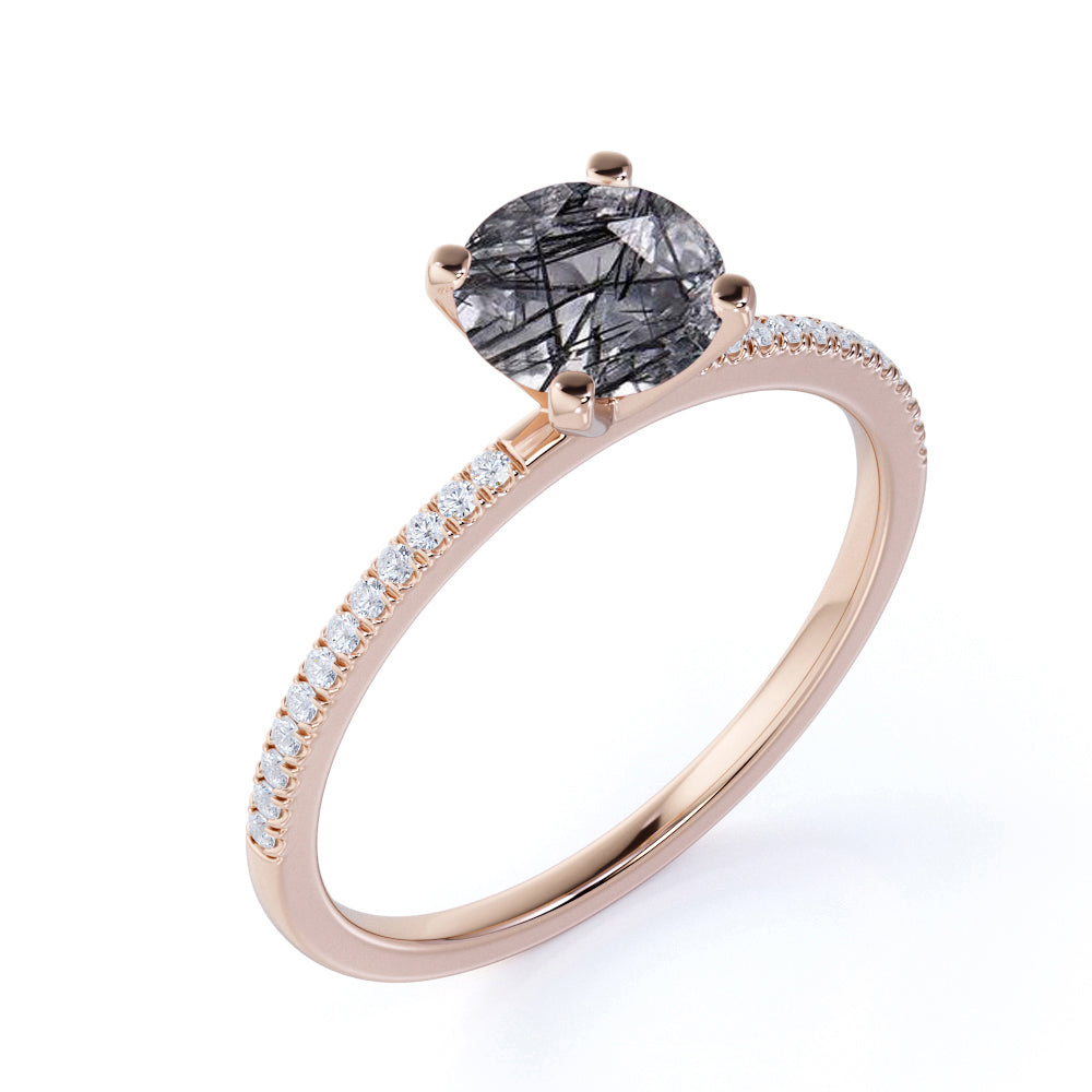 4 Prong 1.25 carat Round Cut Rutilated Quartz and Diamond Half-pave Solitaire Ring in White Gold