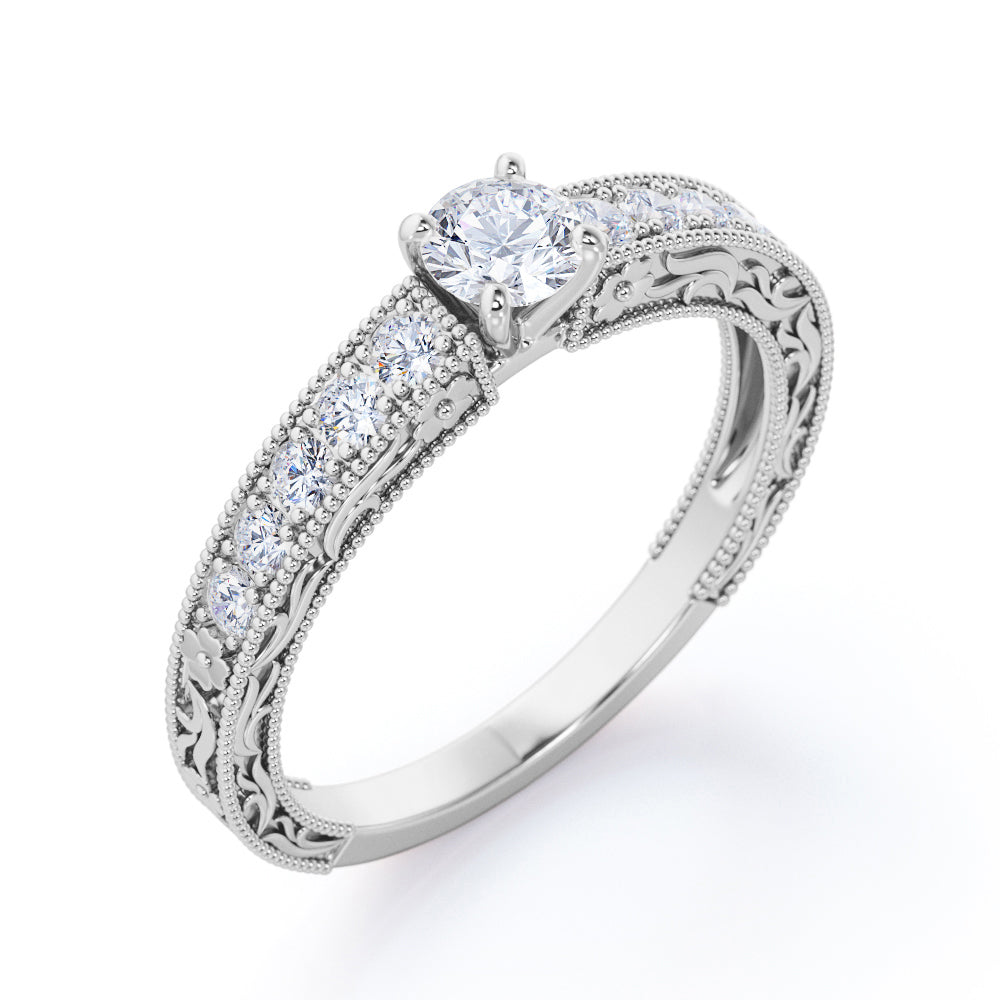 Multistone 0.45 carat Round cut diamond - filigree engraved - vintage milgrain engagement ring for her