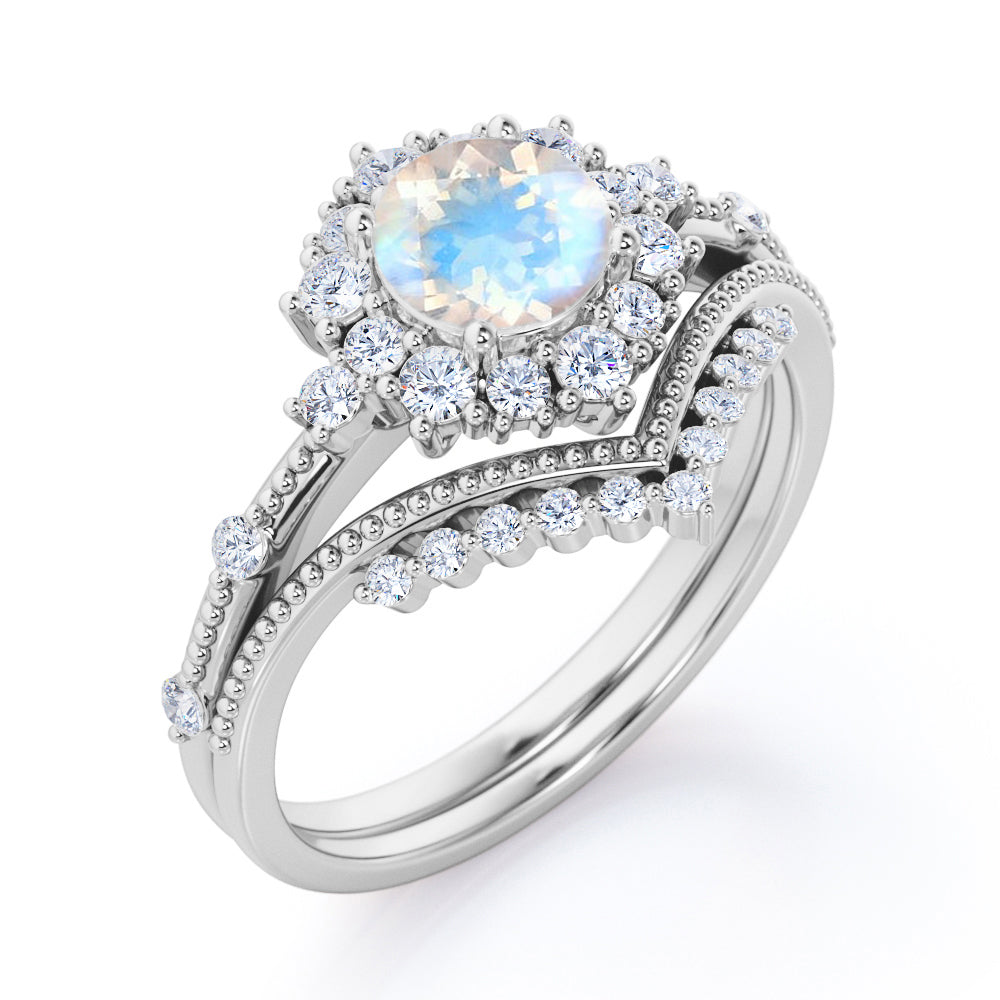 Crowned Milgrain 1.7 carat Round cut Moonstone and diamond vintage art deco wedding ring set in Black gold