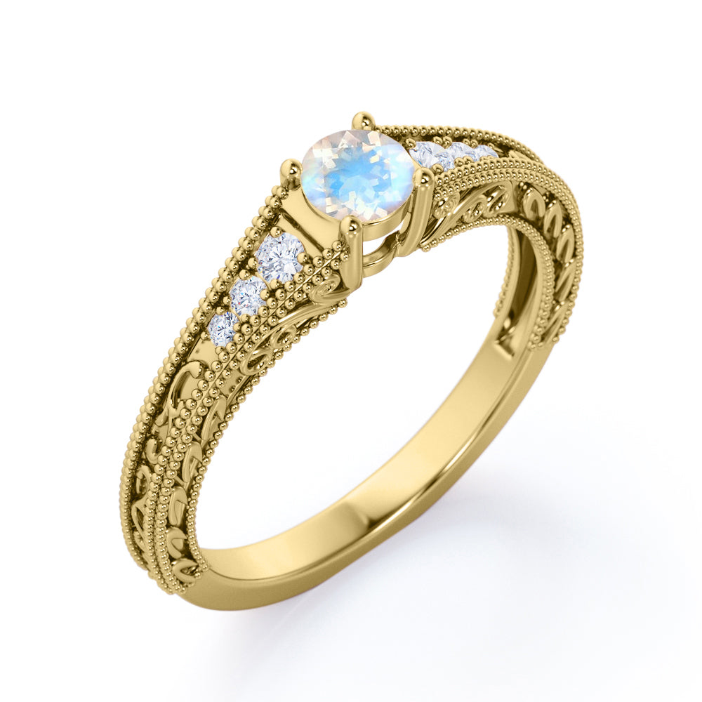 Exquisite Double Beaded 0.6 carat Round cut Moonstone and diamond filigree style engagement ring in White gold
