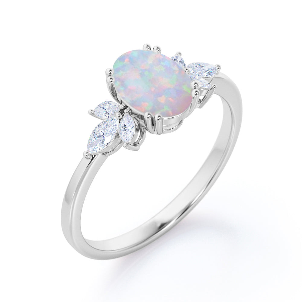 Antique leaf inspired 1.3 carat Oval cut Opal and marquise diamonds double prong engagement ring in White gold