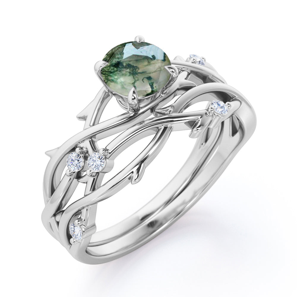 Dainty twig Branch 1.1 carat Round cut Moss Green Agate and diamond floral style wedding ring set in Black gold