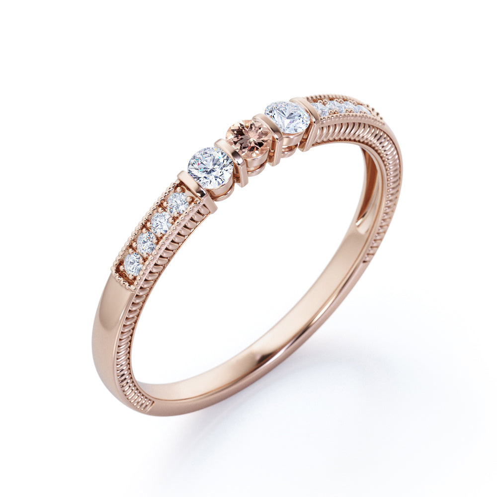Delicate Stackable 0.5 carat Round cut Morganite and diamond art deco promise ring for women in Rose gold