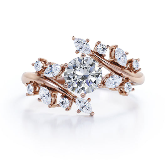 Art nouveau style 1.25 carat Round cut Moissanite and diamond floral engagement ring in Rose gold