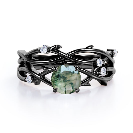Dainty twig Branch 1.1 carat Round cut Moss Green Agate and diamond floral style wedding ring set in Black gold