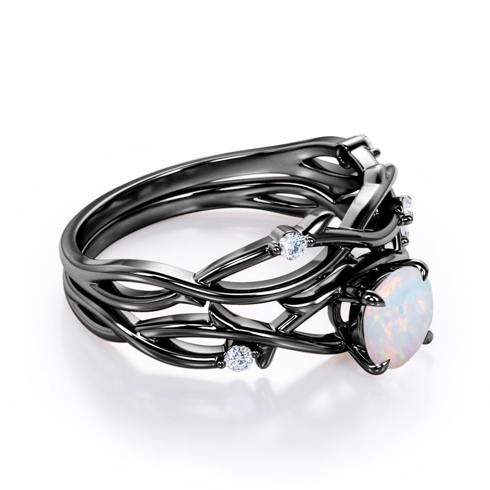 Twisted vine inspired 1 carat Round cut Opal and diamond claw prong wedding ring set for women in Black gold