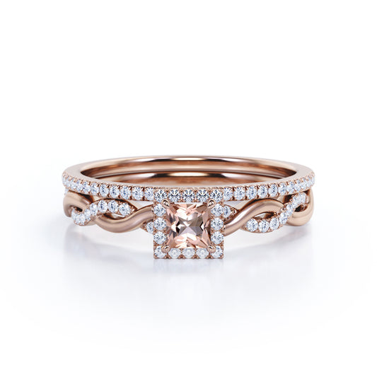 Unique Snake Twists 1 carat Princess cut Natural Morganite and diamond pave setting wedding ring set for women in Rose gold