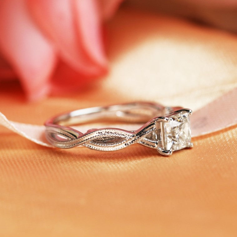 Unique Vintage 1 carat Princess Cut Moissanite Solitaire Engagement Ring in White Gold