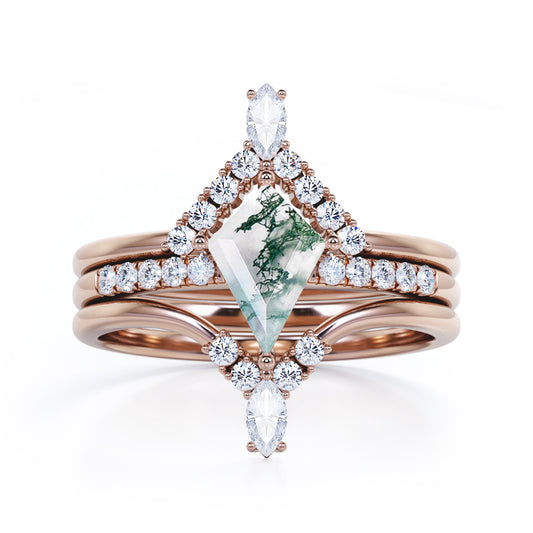Eccentric Chevron style 1.4 carat Kite shaped Moss Green Agate and diamond trio wedding ring set for women in Rose gold