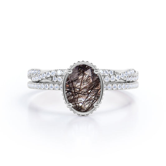 Petite pave setting 1.75 carat Oval cut Black Brown Rutilated Quartz and diamond halo infinity wedding ring set in White gold