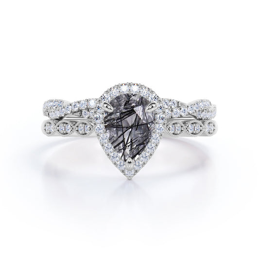 Vintage Engraved 1.75 carat Pear cut natural Rutilated quartz and diamond art deco infinity Bridal set for her