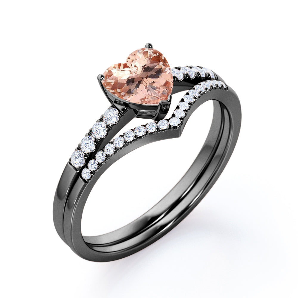 Exquisite Chevron 1.45 carat Heart shaped Morganite and diamond vintage wedding ring set in Black gold