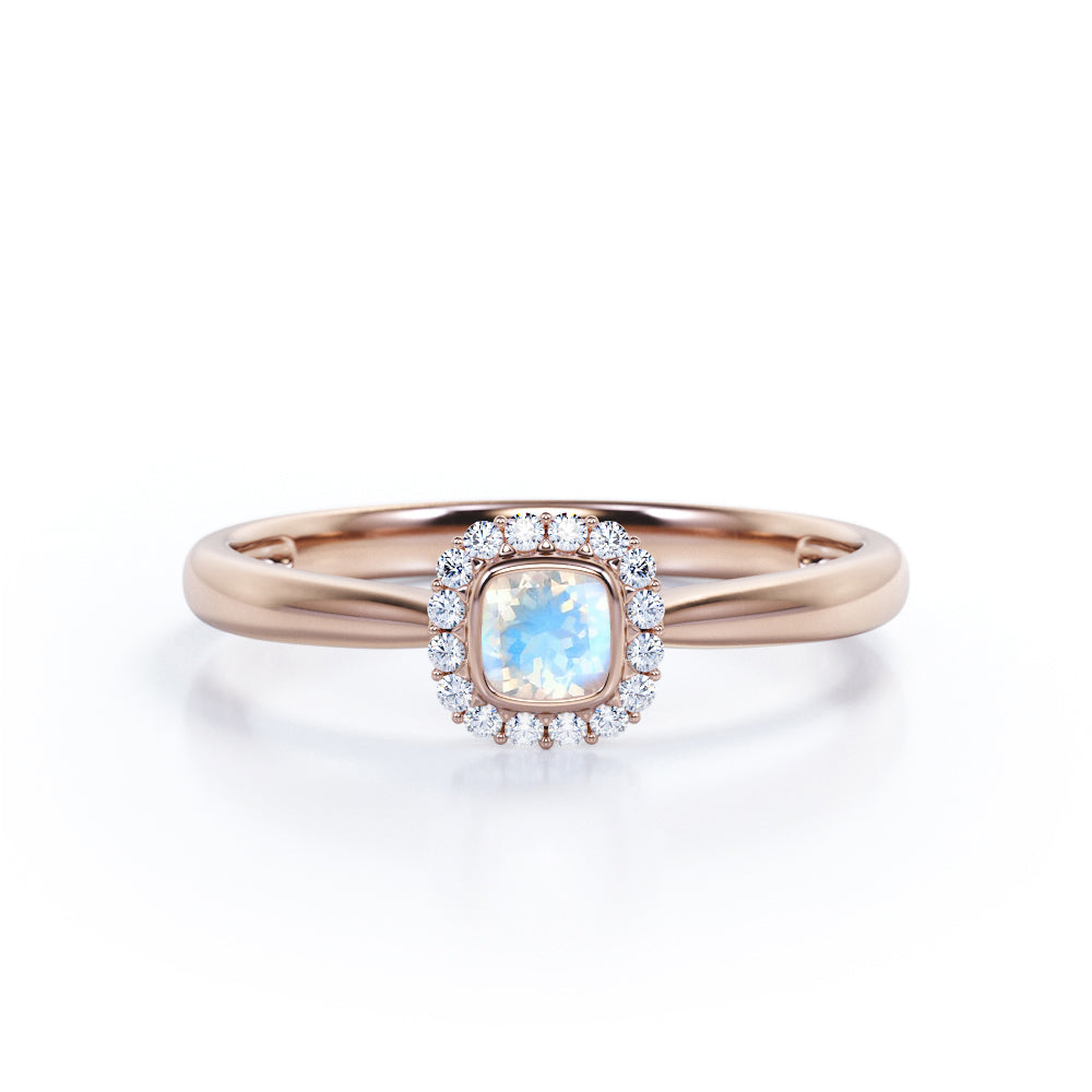 Tapered halo Cushion Cut 0.75 carat Moonstone and diamond engagement ring in Rose gold